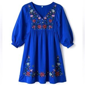 Dress Blue Floral Embroidered Short Sleeve Mini Size Large